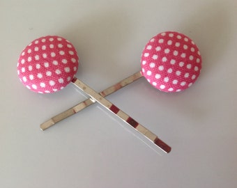 Pink polka dot Bobby pin, Polka dot fabric covered button bobby pin pair