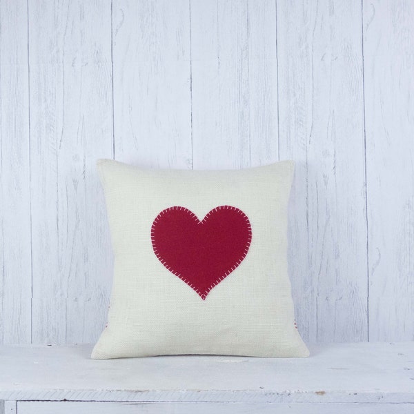 Organic burlap heart pillow cover.  An eco-friendly valentine's gift with a handmade touch. Farmhouse decor and valentines day decor. 16X16