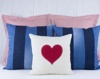 Eco-friendly pillow combinations. Set of 5. Heart pillow cover. Organic red and white stripe throw. Denim pillow covers. Teen room decor.
