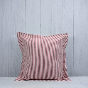 Organic red and white classic stripe pillow cover.  Euro sham with flange. Farmhouse throw pillow.  France country decor. 26X26.