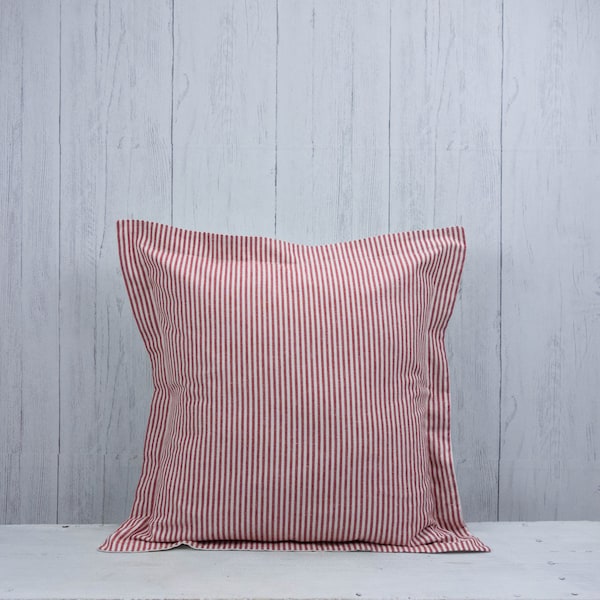 Organic red and white classic stripe pillow cover.  Euro sham with flange. Farmhouse throw pillow.  France country decor. 26X26.