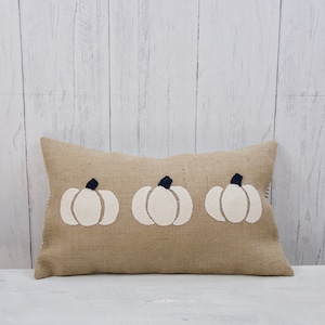 Embroidered white pumpkin lumbar pillow cover. Handmade with upcycled cashmere pumpkins.  Perfect for your rustic fall decor.