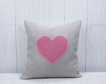 Organic Valentine Pillow Cover: Pink Heart. Farmhouse Decor (16x16in)