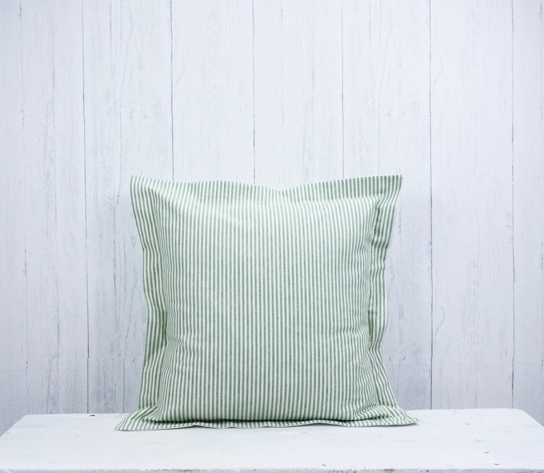 Organic green and white striped ticking pillow. European sham Etsy