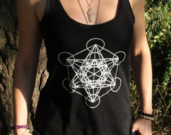 Merkaba - Camiseta de tirantes negra con geometría sagrada para mujer