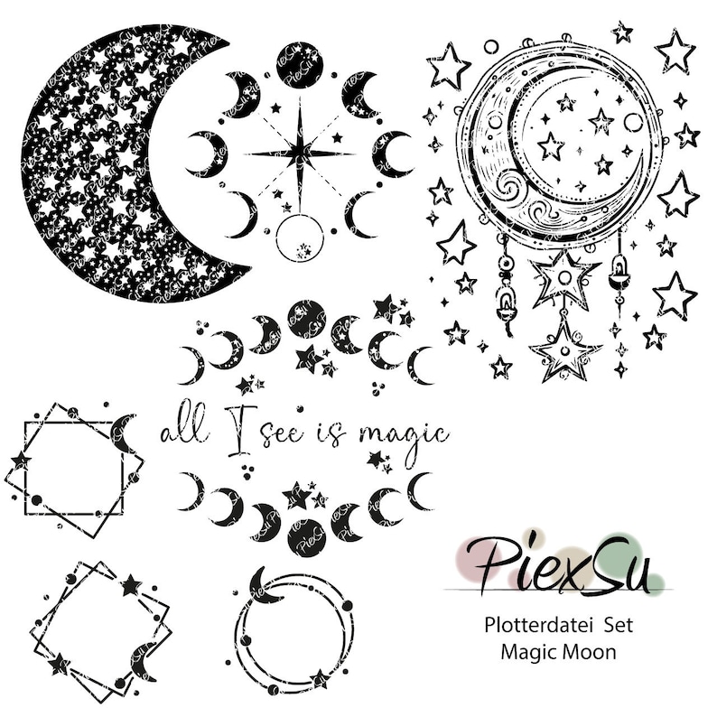 Plotterdatei Set Magic Moon von PiexSu dxf, svg, jpg, png Mond, Sterne, mondphasen Bild 1