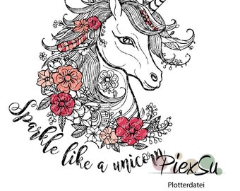 Plotterdatei Einhorn mit Blumen als dxf + svg für Silhouette, Brother + Cricut | Einhorn plotten | Plotterdatei "Boho Einhorn"