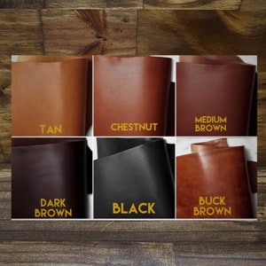 May include: Six leather swatches in different colors: tan, chestnut, medium brown, dark brown, black, and buck brown.