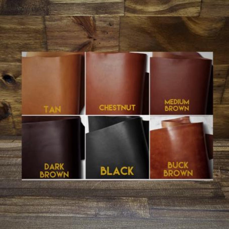May include: Six leather swatches in different colors: tan, chestnut, medium brown, dark brown, black, and buck brown.