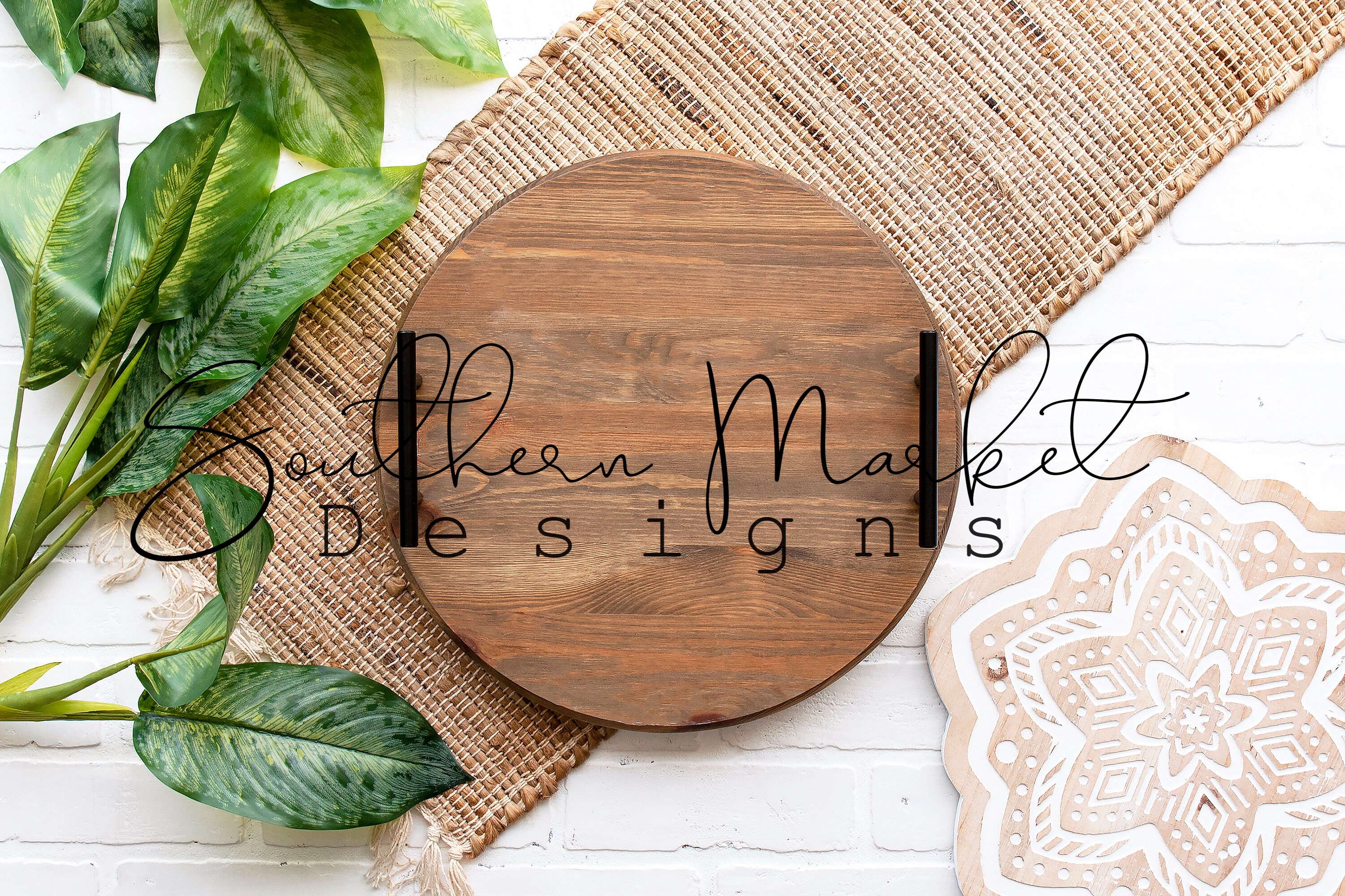 Boho Farmhouse Wood Round Tray Sign Mock Up