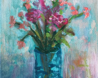 Flowers in vase, flower painting, contemporary flowers, spring flowers, small flower painting for my wall, Original artwork