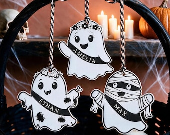 Boo Basket tags for Kids | Halloween Party Favour Labels | Laser Engraved Personalised Name Gift | for Trick or Treat bags and Candy Buckets