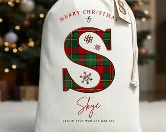 Personalised tartan Santa sack | Scottish Christmas present bag | Nollaig Chridheil gift bag add name letter | custom plaid Xmas stocking