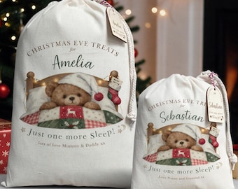 Christmas Eve present bag with Teddy Bear print | Personalise with name and gift message  | Optional custom wooden gift tag | Santa sack
