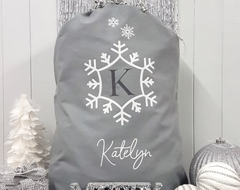 Personalised Santa Sack, Christmas sack, Christmas stocking, Christmas Eve box, Snowflake, Grey gift bag, Silver, gift for her, gift for him