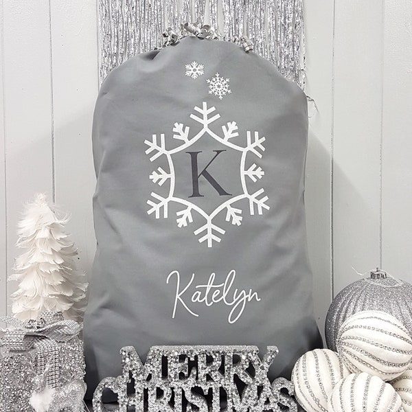 Personalised Santa Sack, Christmas sack, Christmas stocking, Christmas Eve box, Snowflake, Grey gift bag, Silver, gift for her, gift for him