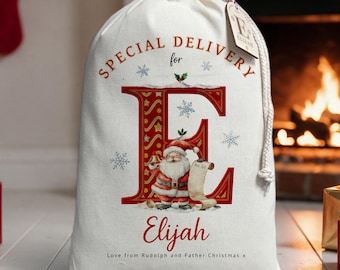 Santa sack for kids and children add name initial | personalised Christmas present bag |  custom Xmas stocking for gifts