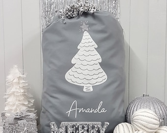 Personalised Santa Sack, Custom Christmas Sack, Christmas Tree Name grey Child's Christmas Gift Sack Stocking, white & silver glitter