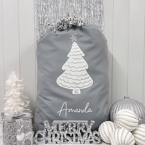 Personalised Santa Sack, Custom Christmas Sack, Christmas Tree Name grey Child's Christmas Gift Sack Stocking, white & silver glitter