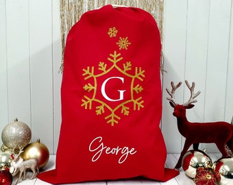 Personalised Santa Sack, Christmas sack, Christmas stocking, Christmas Eve box, Snowflake, Gold Glitter, Red, gift for her, gift for him