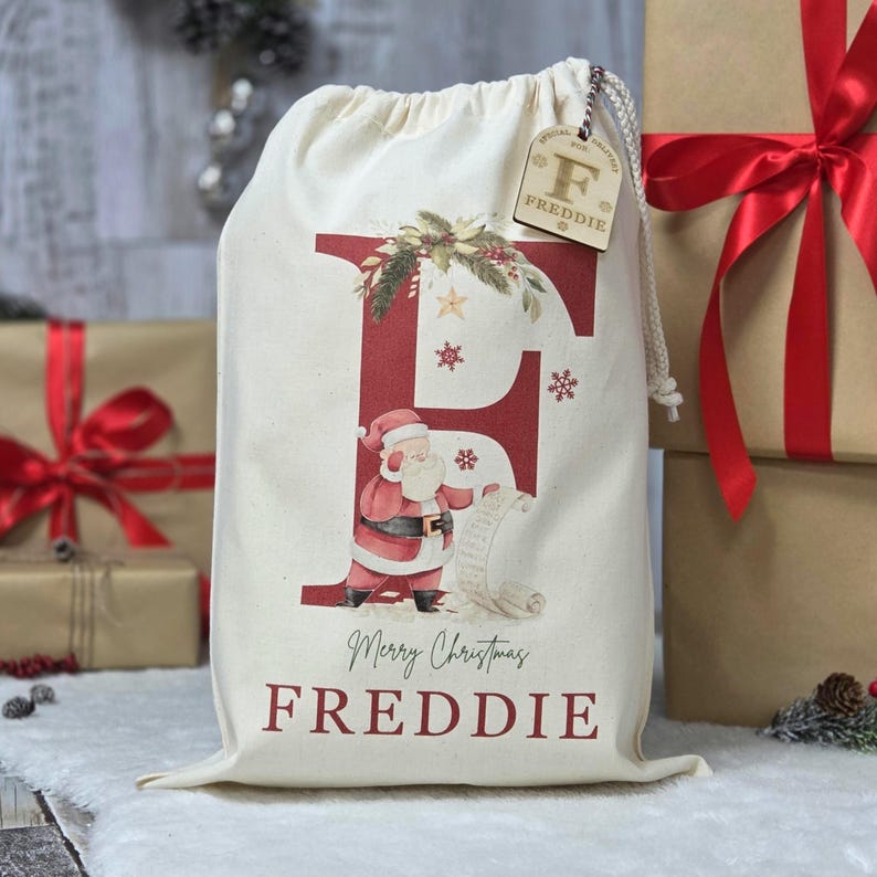 Close up shot of the Christmas sack, which is made of natural cotton, adorned with an optional laser engraved wooden gift tag.