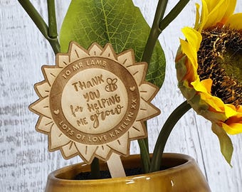 Teacher thank you gift, present for nursery assistant, wooden flower pot label, personalised school leavers idea, custom wood plant sign tag