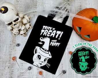 Halloween Treat Bag, trick or treat bag, personalised Halloween bag, personalised gift bag - WITCH'S CAT glow in the dark, pumpkin, ghost