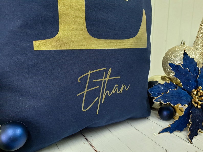 Personalised Santa Sack, Christmas sack, Christmas Eve box, Letter, Navy, Gold, Christmas gift for her, gift for him, Navy santa sack image 4