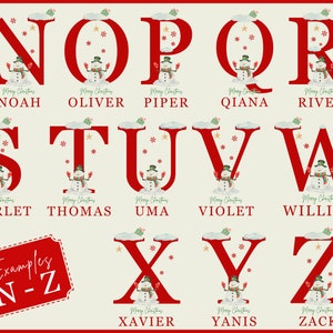 Puede incluir: Una colecci&oacute;n de letras del alfabeto rojas con tem&aacute;tica navide&ntilde;a, cada una con un mu&ntilde;eco de nieve y un nombre. Las letras est&aacute;n decoradas con copos de nieve y nubes. Los nombres incluyen Noah, Oliver, Piper, Qiana, River, Scarlet, Thomas, Uma, Violet y William.