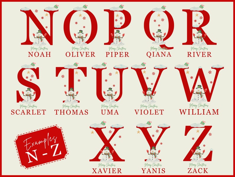 Puede incluir: Una colecci&oacute;n de letras del alfabeto rojas con tem&aacute;tica navide&ntilde;a, cada una con un mu&ntilde;eco de nieve y un nombre. Las letras est&aacute;n decoradas con copos de nieve y nubes. Los nombres incluyen Noah, Oliver, Piper, Qiana, River, Scarlet, Thomas, Uma, Violet y William.