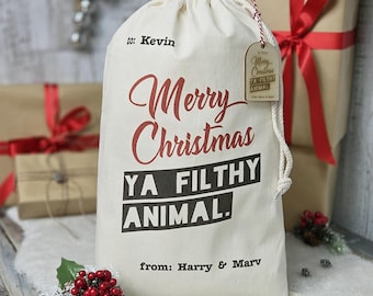 Personalised HOME ALONE Christmas stocking, funny Santa Sack for adults, Christmas eve gift bag for children, Merry Christmas present sacks