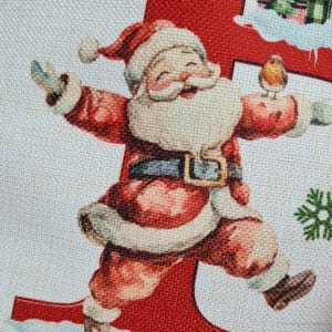 May include: A festive Christmas-themed image featuring a jolly Santa Claus in a red suit with white trim, a black belt, and a matching hat. Santa is holding a small bird. The background is a light beige color.