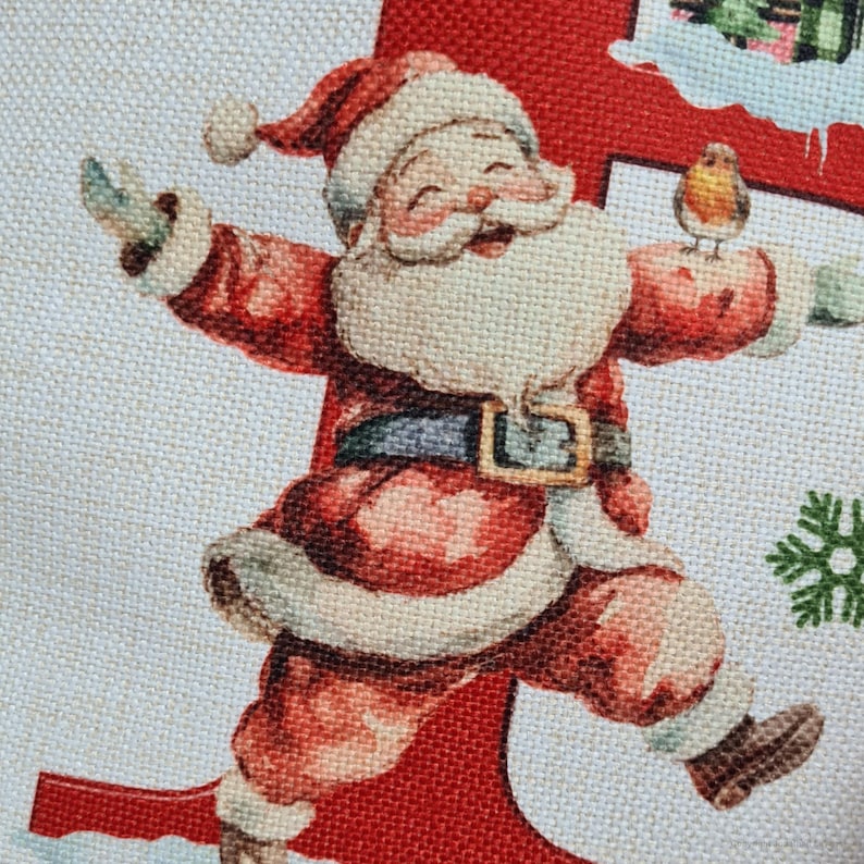 May include: A festive Christmas-themed image featuring a jolly Santa Claus in a red suit with white trim, a black belt, and a matching hat. Santa is holding a small bird. The background is a light beige color.