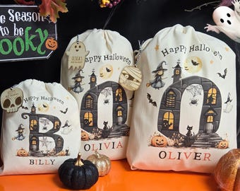 Custom Halloween Bag for Kids Trick or Treat | Spooky Haunted House tote with Name Initial | Personalised Boo Basket tags | Sweet loot sack