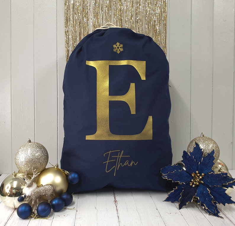 Personalised Santa Sack, Christmas sack, Christmas Eve box, Letter, Navy, Gold, Christmas gift for her, gift for him, Navy santa sack Gold