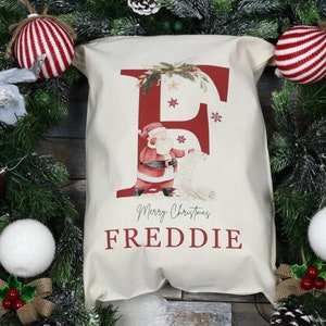 Personalised santa sacks, Christmas stocking, Christmas sacks, wooden name tag & Initial, Christmas eve gift bag, add name large letter bild 7