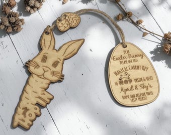 May include: Wooden Easter Bunny key with a carrot-shaped tag. The tag reads "Dear Easter Bunny, Please Use This Magical Carrot Key." The bunny and tag are connected by a twine string. The bunny is light brown with etched details.
