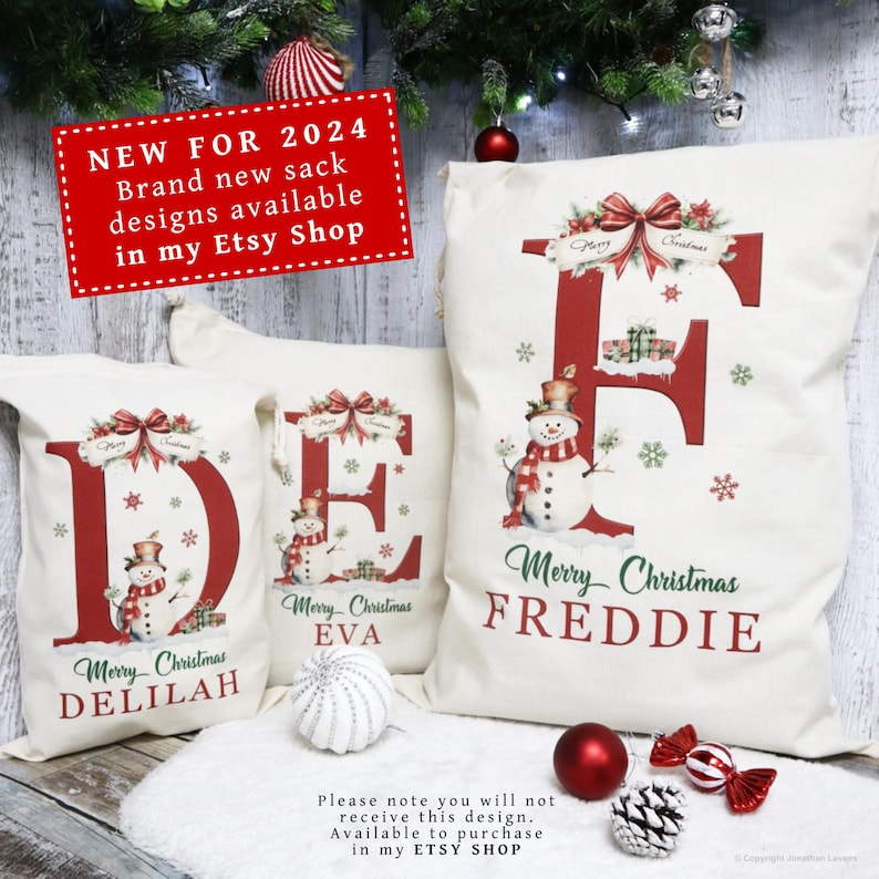 Personalised santa sacks, Christmas stocking, Christmas sacks, wooden name tag & Initial, Christmas eve gift bag, add name large letter bild 6