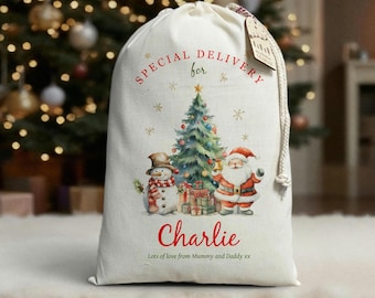 Personalised Santa sack for kids and children, Christmas present bag with wooden gift tag, Christmas tree gift bag add name, Xmas stocking