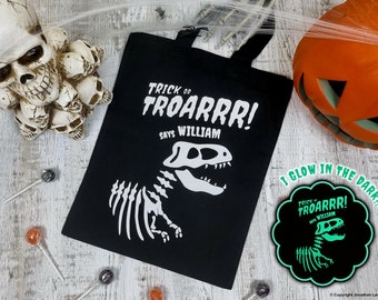 Halloween Treat Bag, trick or treat bag, personalised Halloween bag, personalised gift bag - DINOSAUR T-REX glow in the dark, pumpkin, ghost