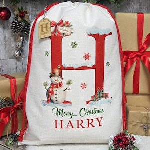 Personalised Christmas Sack, Santa Sack, Personalized xmas present, Wooden Name tag, Christmas eve Gift Bag, Snowman, custom stocking