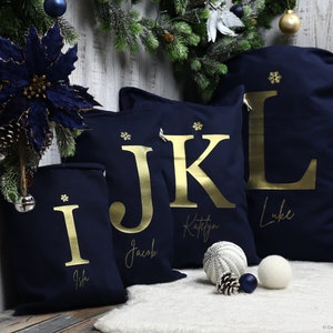 Personalised Santa Sack, Christmas sack, Christmas Eve box, Letter, Navy, Gold, Christmas gift for her, gift for him, Navy santa sack image 1