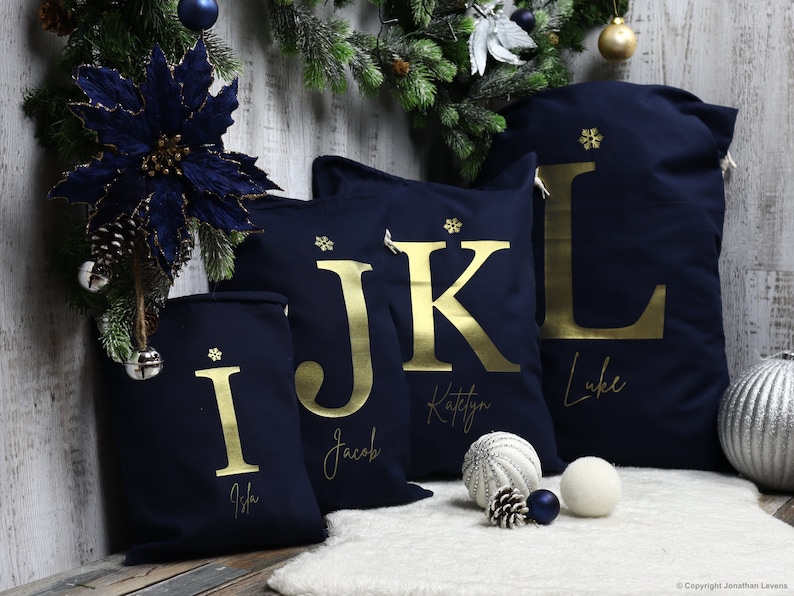 Personalised Santa Sack, Christmas sack, Christmas Eve box, Letter, Navy, Gold, Christmas gift for her, gift for him, Navy santa sack image 1