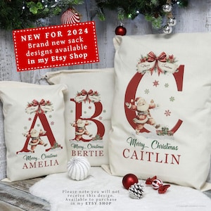 Personalised santa sacks, Christmas stocking, Christmas sacks, wooden name tag & Initial, Christmas eve gift bag, add name large letter bild 5