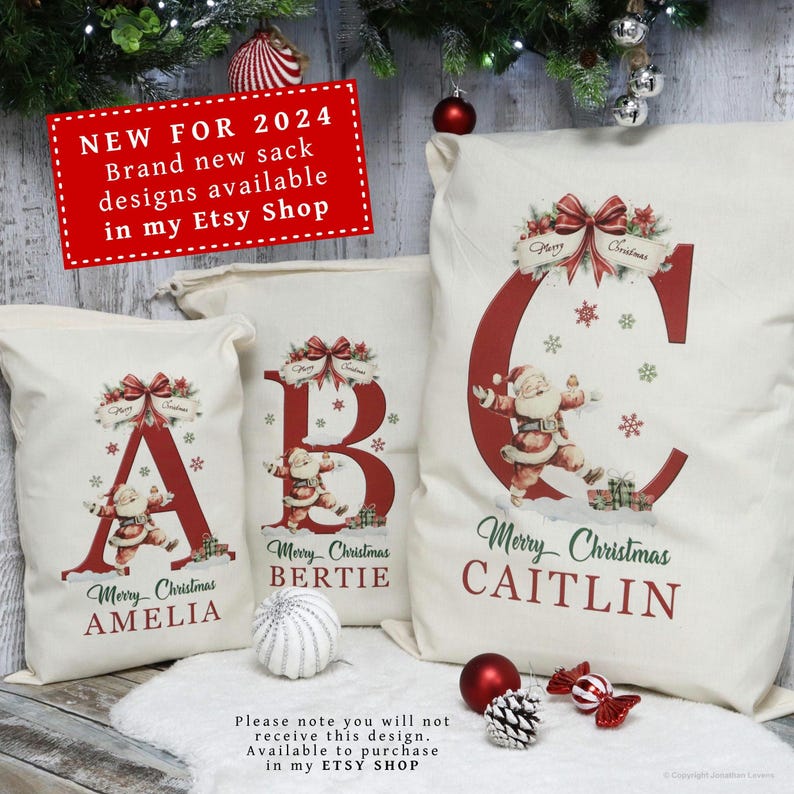Personalised santa sacks, Christmas stocking, Christmas sacks, wooden name tag & Initial, Christmas eve gift bag, add name large letter bild 5