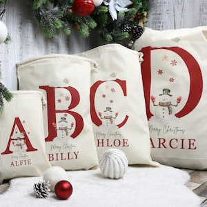 Personalised Christmas Sack, Santa Sack, custom Christmas eve bag - Name & Initial, Christmas Gift Bag, Snowman