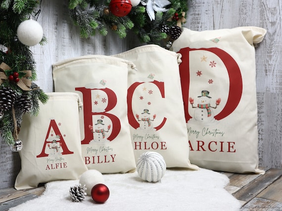 Personalised Christmas Sack, Santa Sack, custom Christmas eve bag - Name & Initial, Christmas Gift Bag, Snowman
