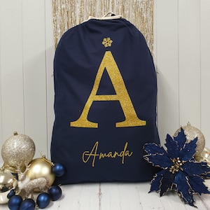 Personalised Santa Sack, Christmas sack, Christmas Eve box, Letter, Navy, Gold, Christmas gift for her, gift for him, Navy santa sack Glitter Gold