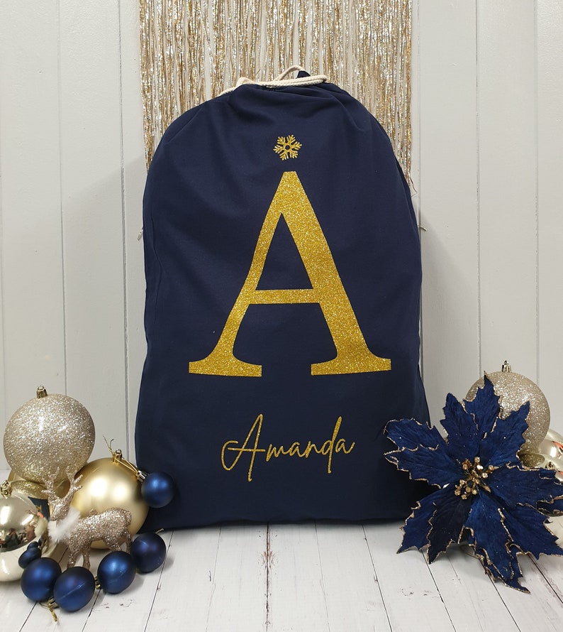 Personalised Santa Sack, Christmas sack, Christmas Eve box, Letter, Navy, Gold, Christmas gift for her, gift for him, Navy santa sack Glitter Gold