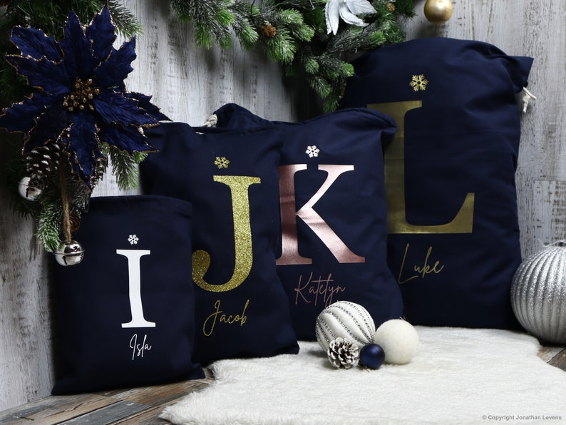 Personalised Santa Sack, Christmas sack, Christmas Eve box, Letter, Navy, Gold, Christmas gift for her, gift for him, Navy santa sack image 3